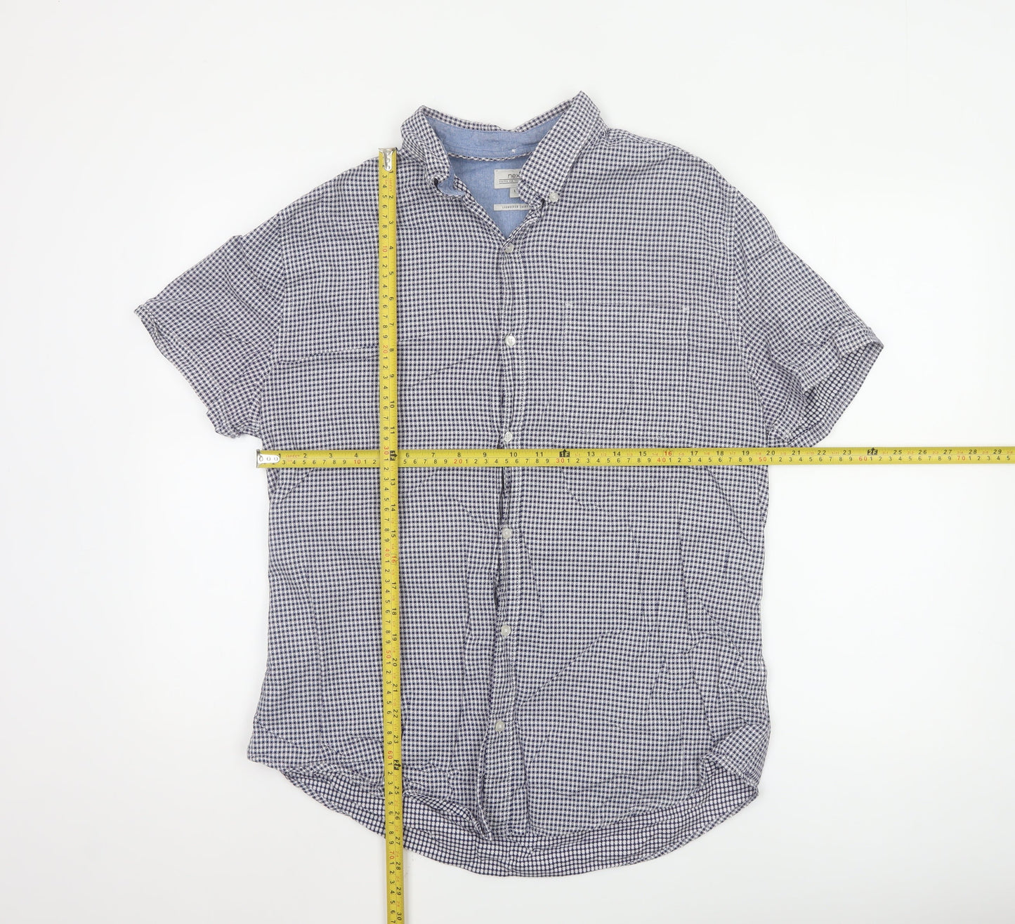 Next Men's Blue Check Short Sleeve Button-Down Cotton Shirt L