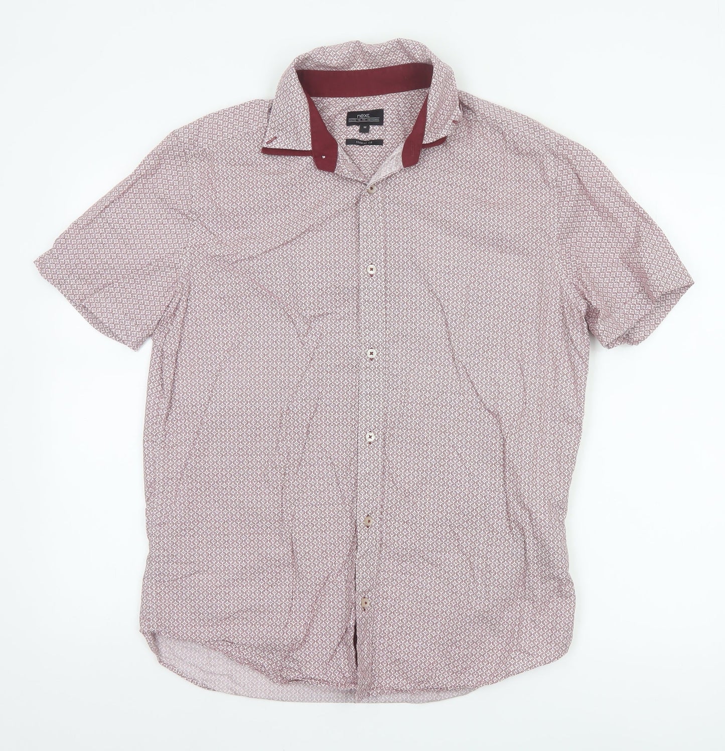 Next Men’s Red Geometric Short Sleeve Cotton Button-Up Shirt Size M