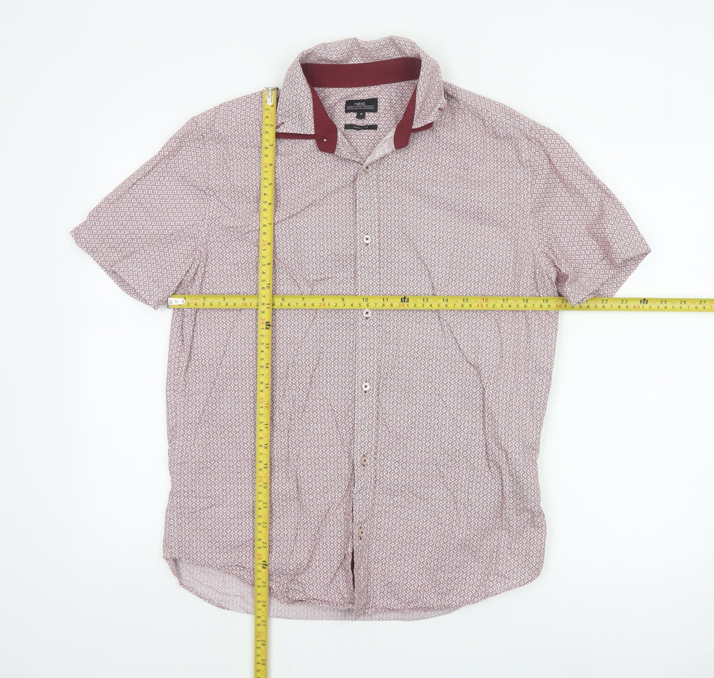 Next Men’s Red Geometric Short Sleeve Cotton Button-Up Shirt Size M