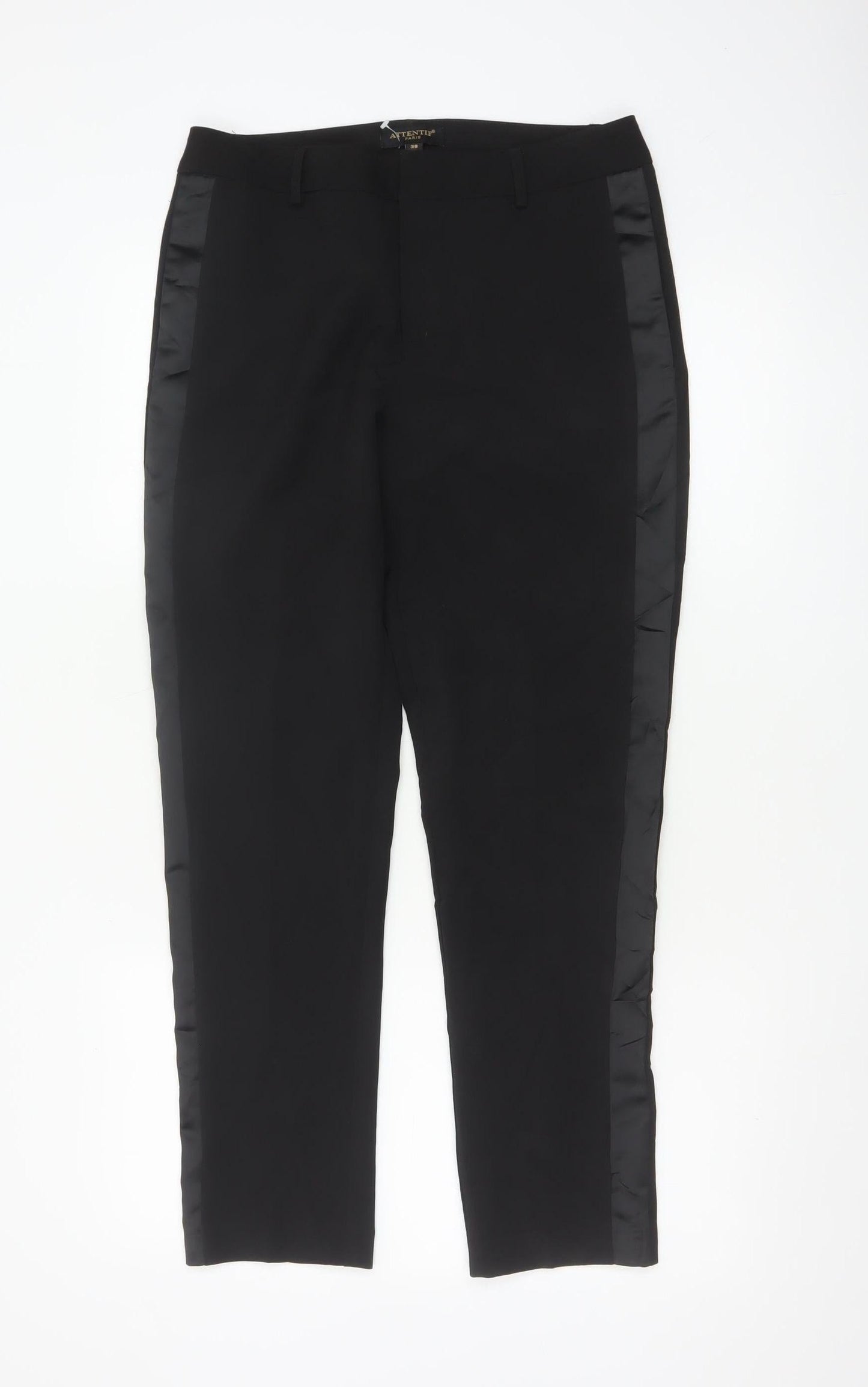 Attentif Paris Women's Black Straight Leg Satin Trim Trousers Size 10