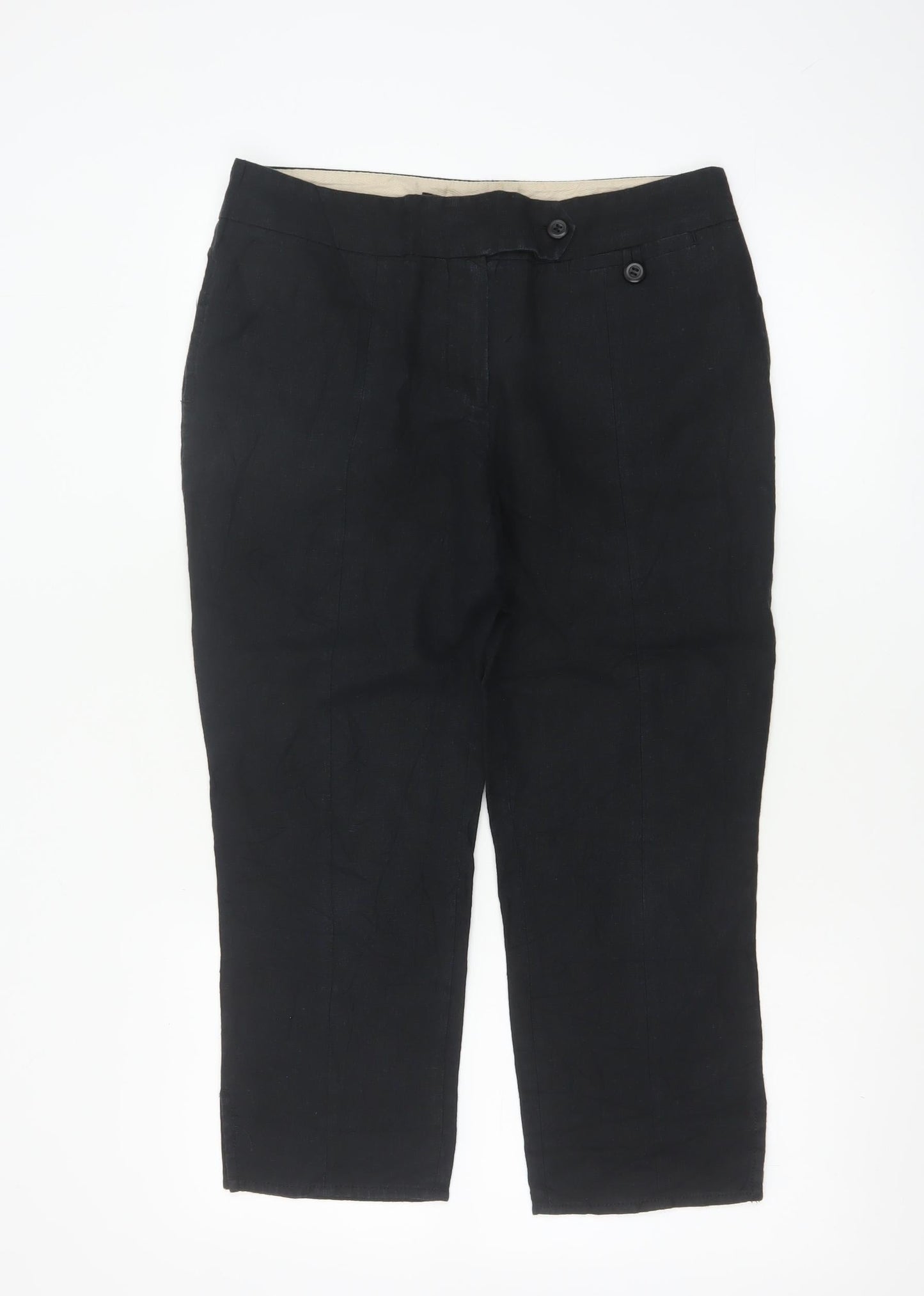 Next Women Black Linen Cotton Cropped Trousers Size 12 Regular