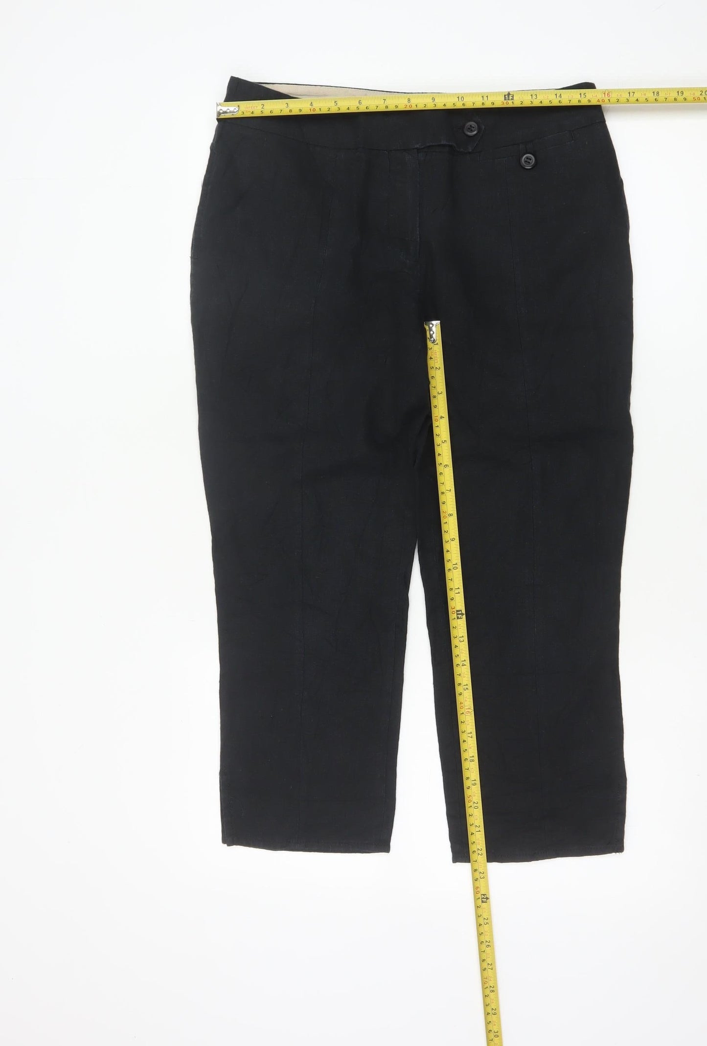 Next Women Black Linen Cotton Cropped Trousers Size 12 Regular