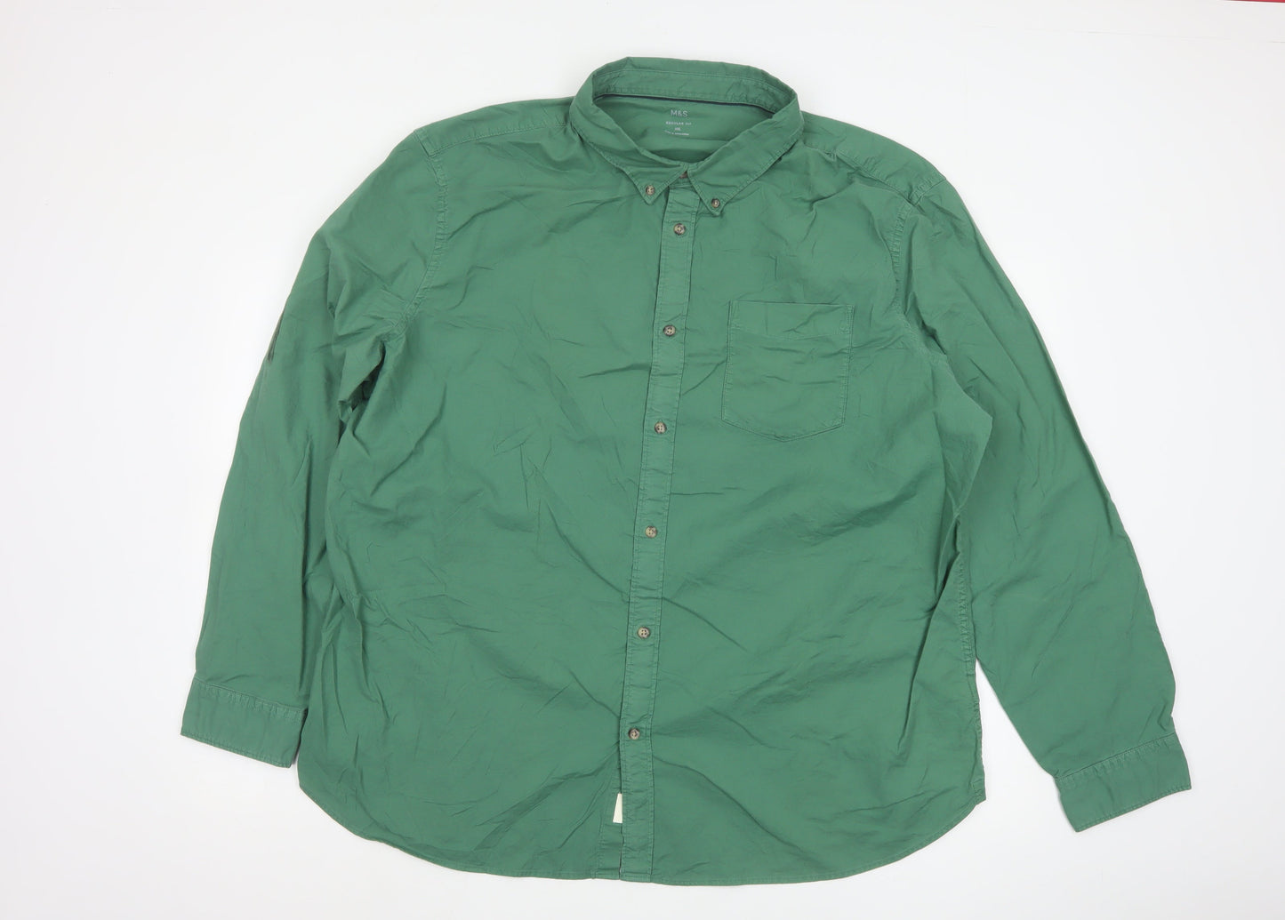 Marks and Spencer Men's Green Regular Fit 3XL Cotton Button-Up Shirt