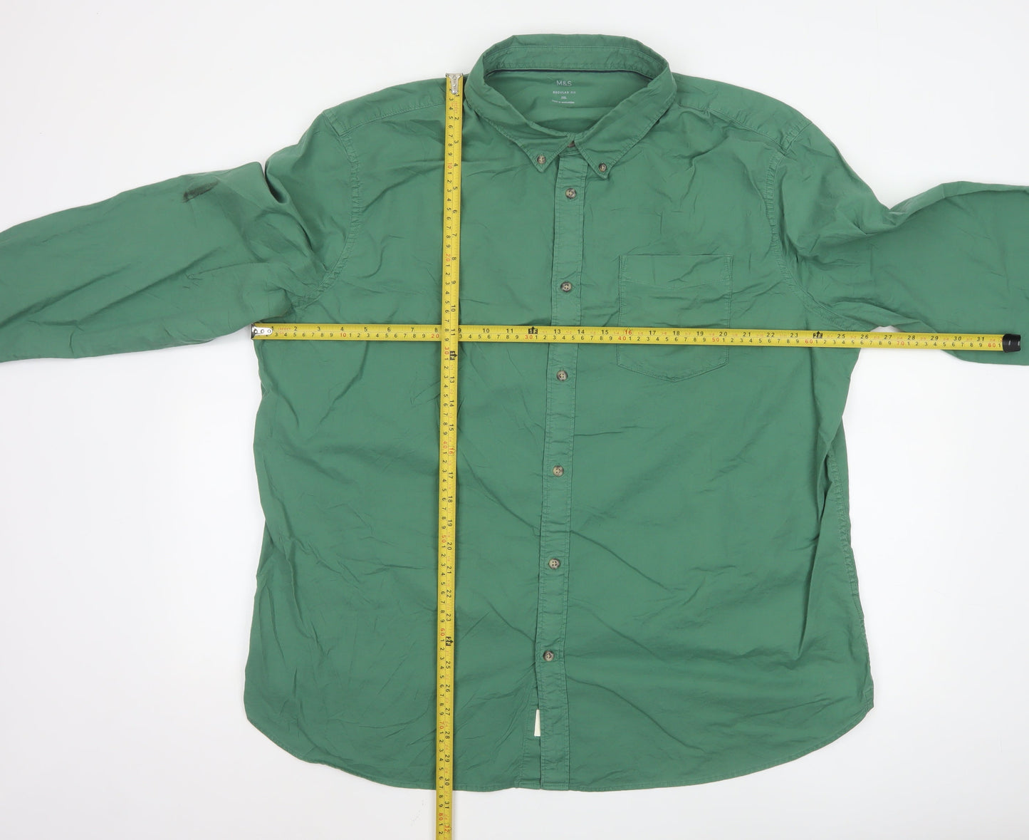 Marks and Spencer Men's Green Regular Fit 3XL Cotton Button-Up Shirt