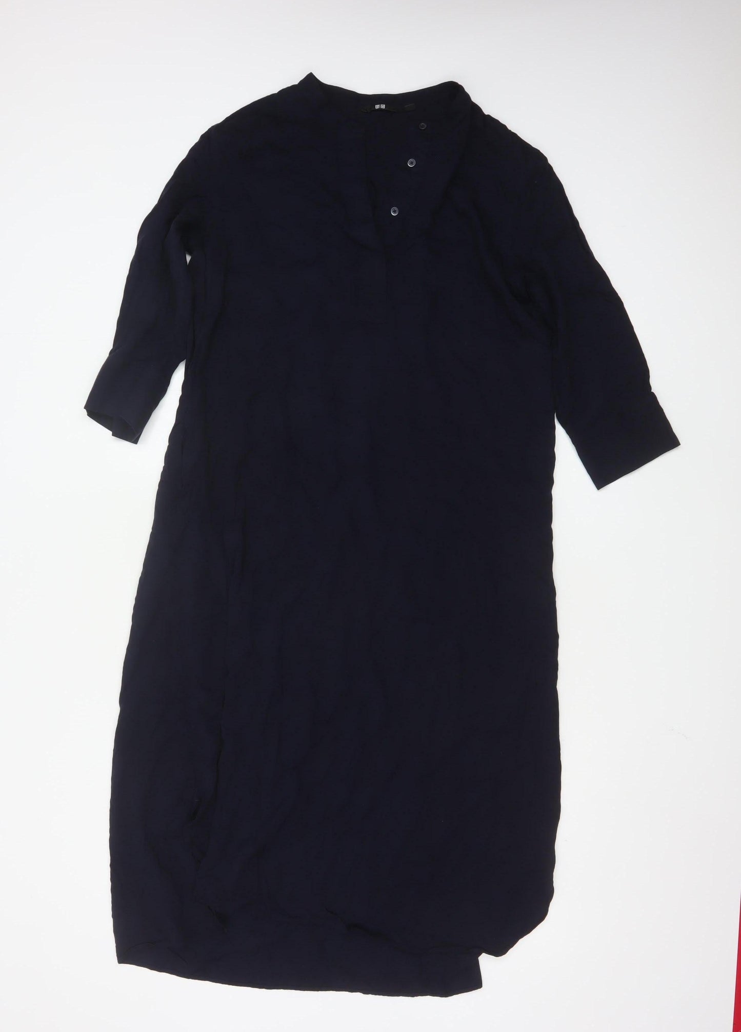 Uniqlo Women Blue Midi Shirt Dress M 3/4 Sleeve Button Classic Style