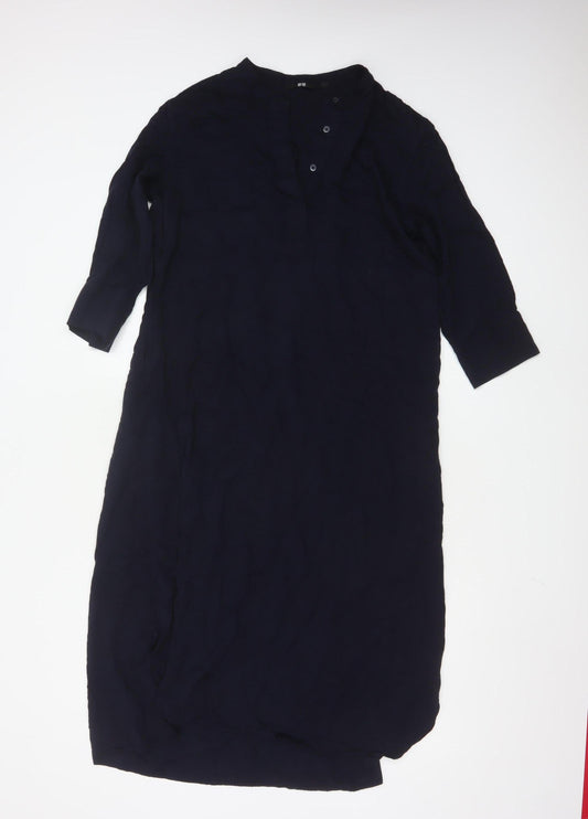 Uniqlo Women Blue Midi Shirt Dress M 3/4 Sleeve Button Classic Style