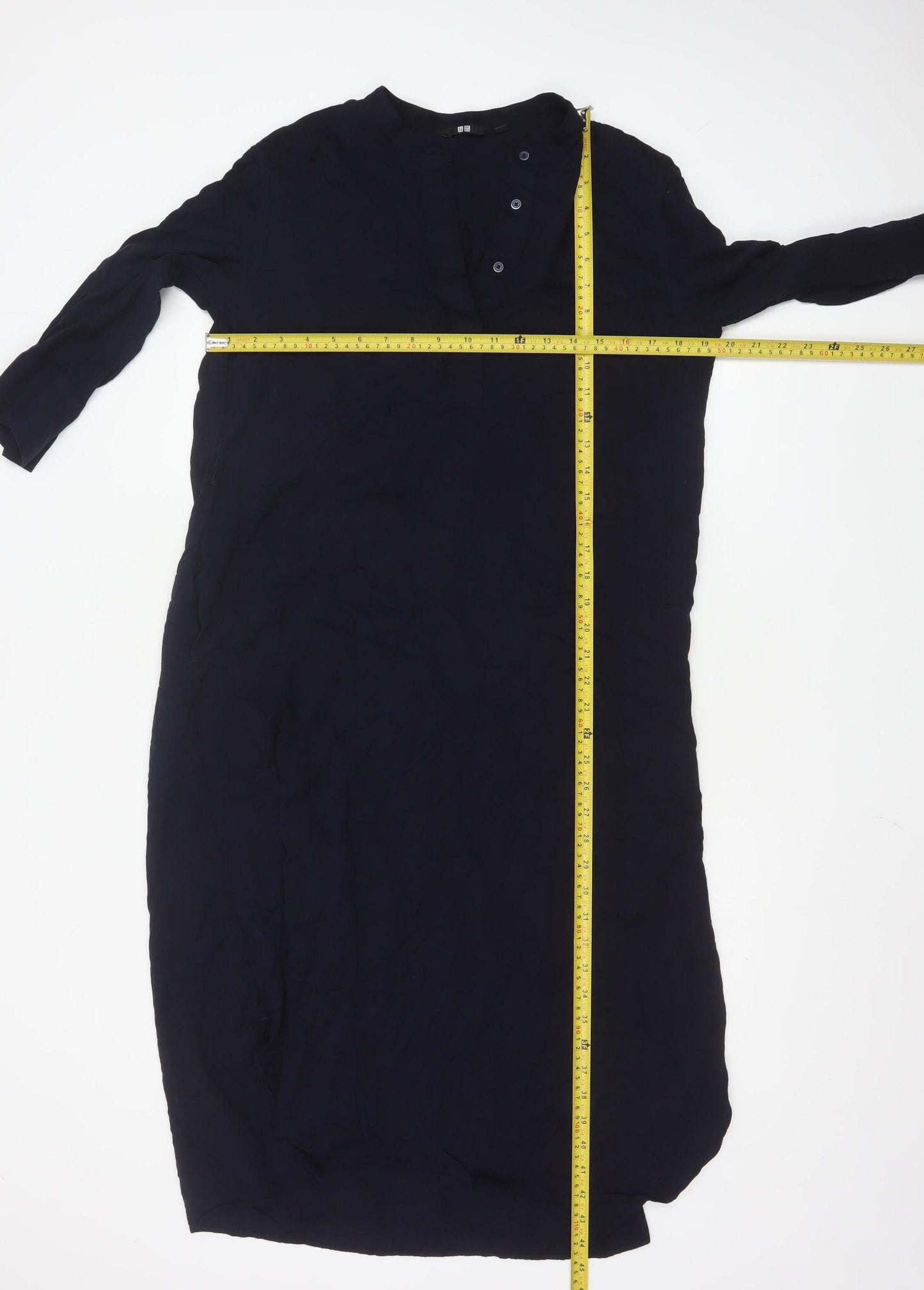 Uniqlo Women Blue Midi Shirt Dress M 3/4 Sleeve Button Classic Style