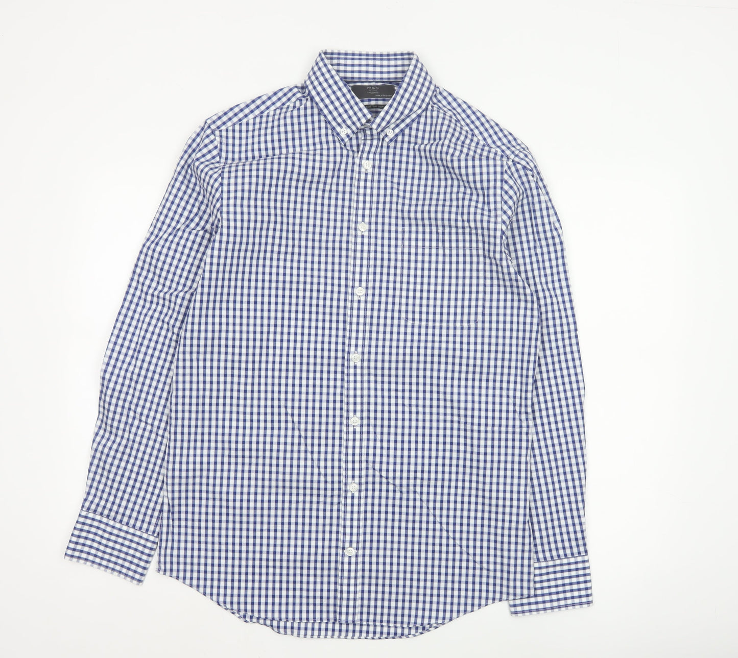 Marks and Spencer Men's Blue Check Tailored Cotton Button-Up Shirt M