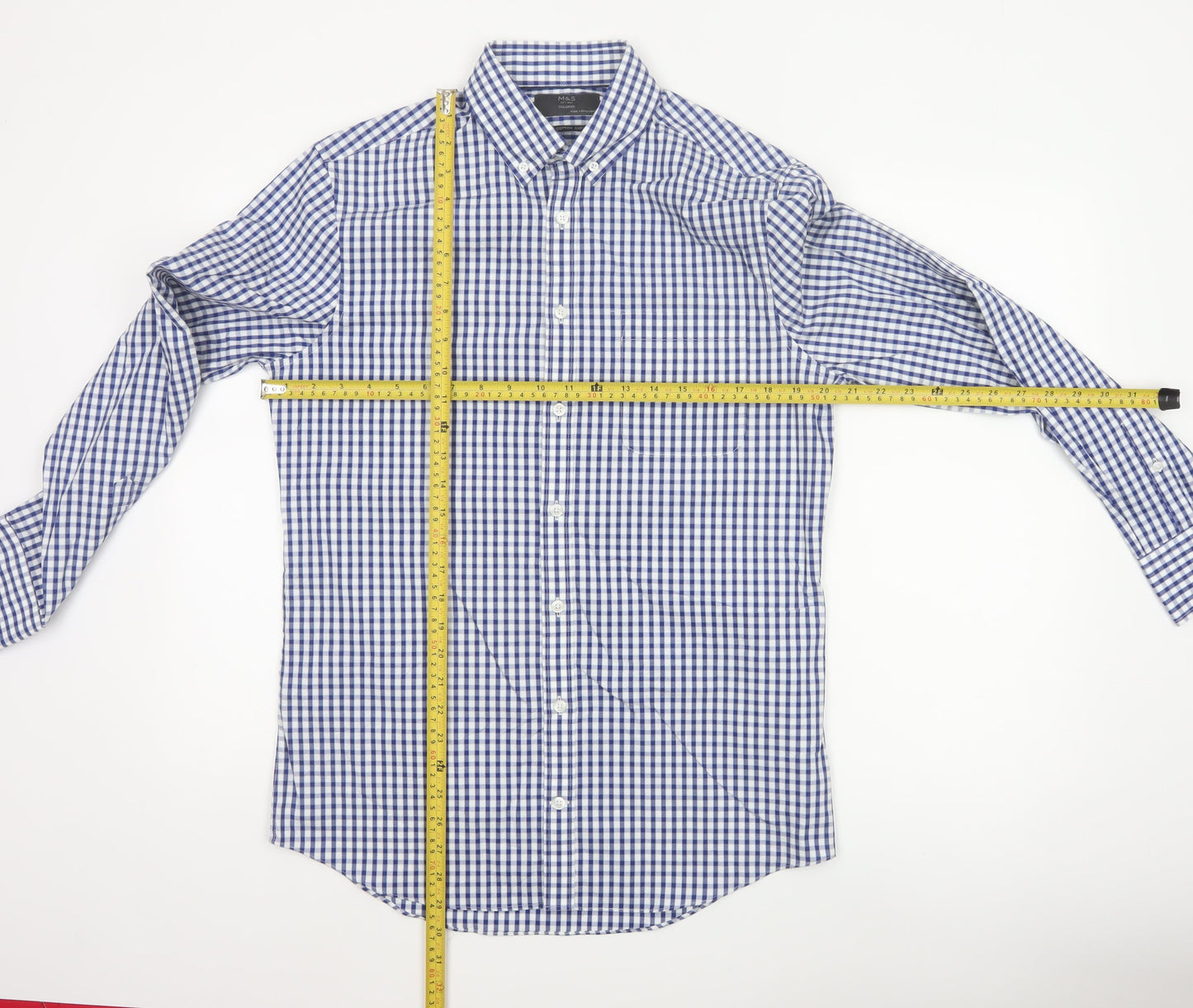 Marks and Spencer Men's Blue Check Tailored Cotton Button-Up Shirt M