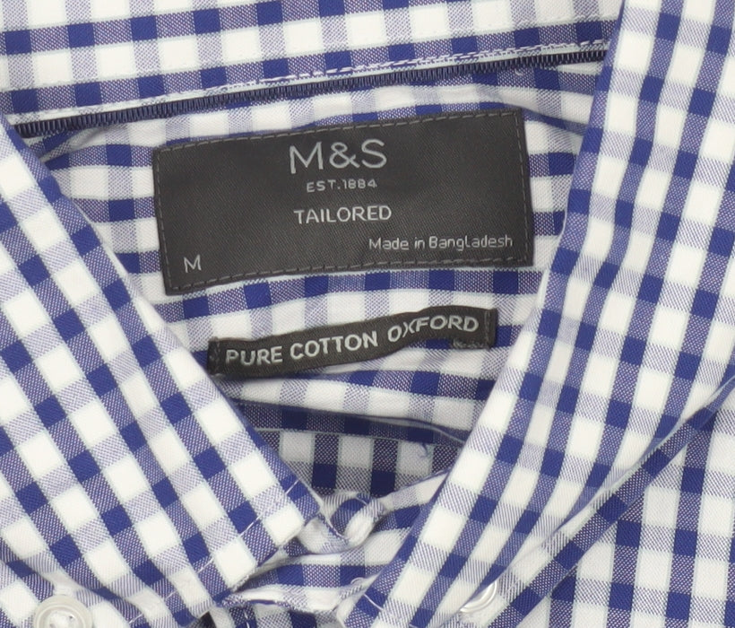 Marks and Spencer Men's Blue Check Tailored Cotton Button-Up Shirt M