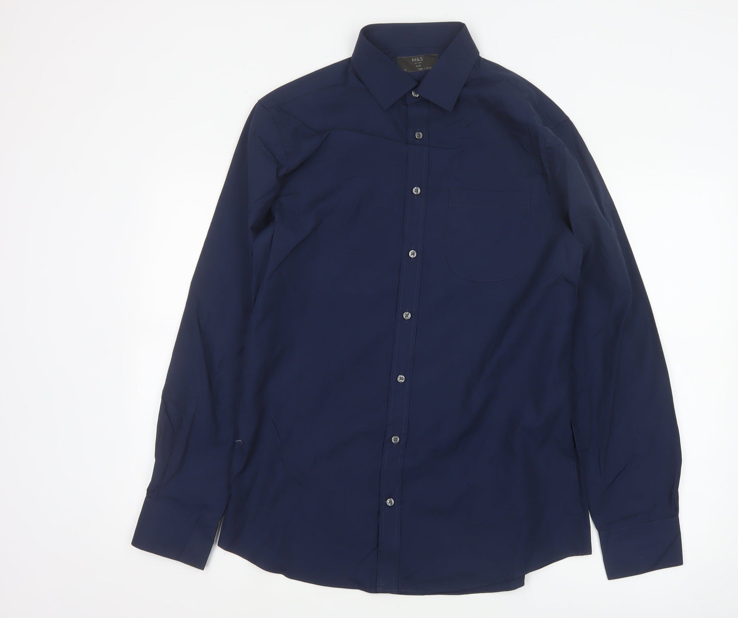 Marks and Spencer Men's Blue Slim Fit Long Sleeve Button-Up Shirt 15.5
