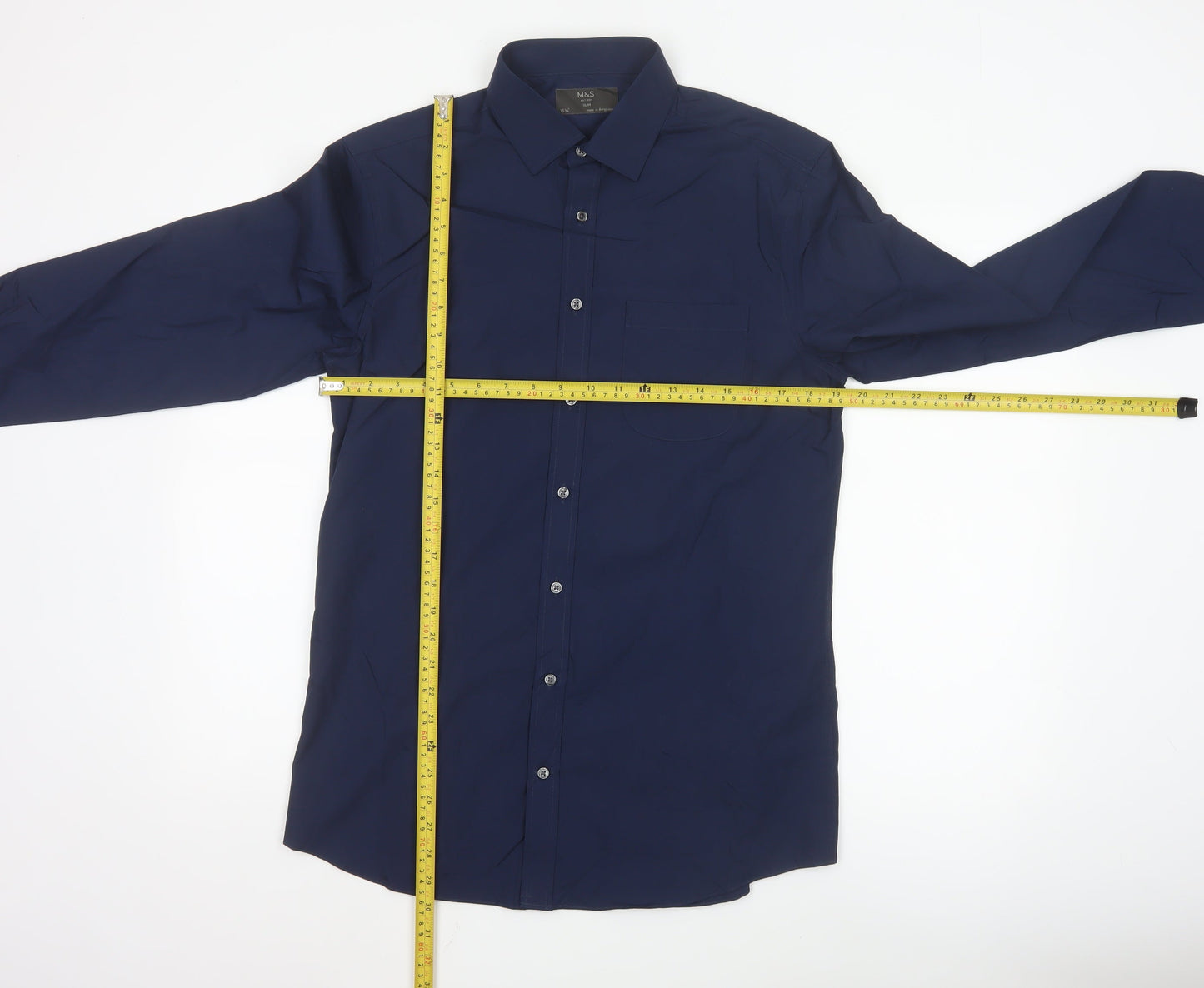 Marks and Spencer Men's Blue Slim Fit Long Sleeve Button-Up Shirt 15.5