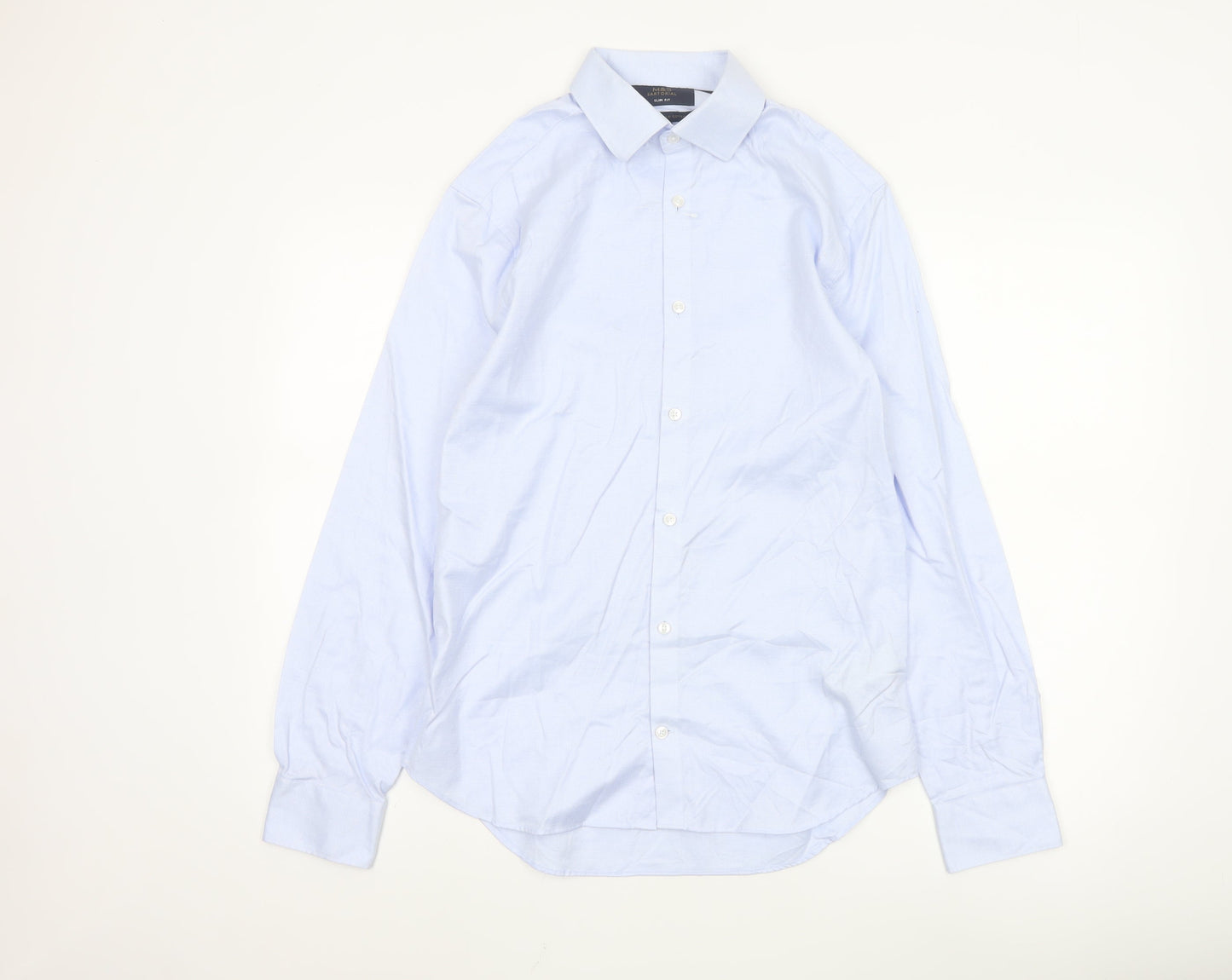 Marks and Spencer Men Blue Slim Fit Long Sleeve Cotton Shirt Size 15