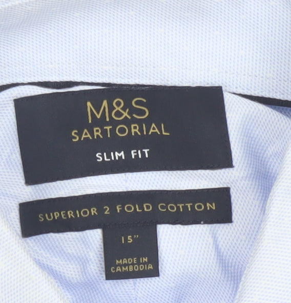 Marks and Spencer Men Blue Slim Fit Long Sleeve Cotton Shirt Size 15