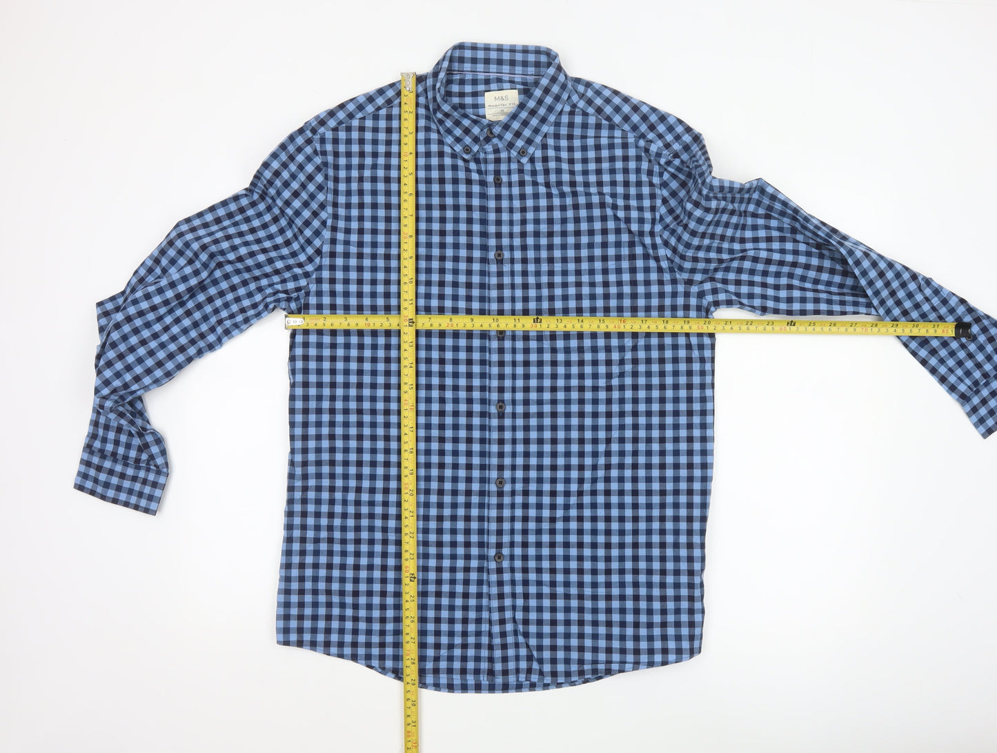 Marks and Spencer Men's Blue Check Regular Fit Cotton Shirt M