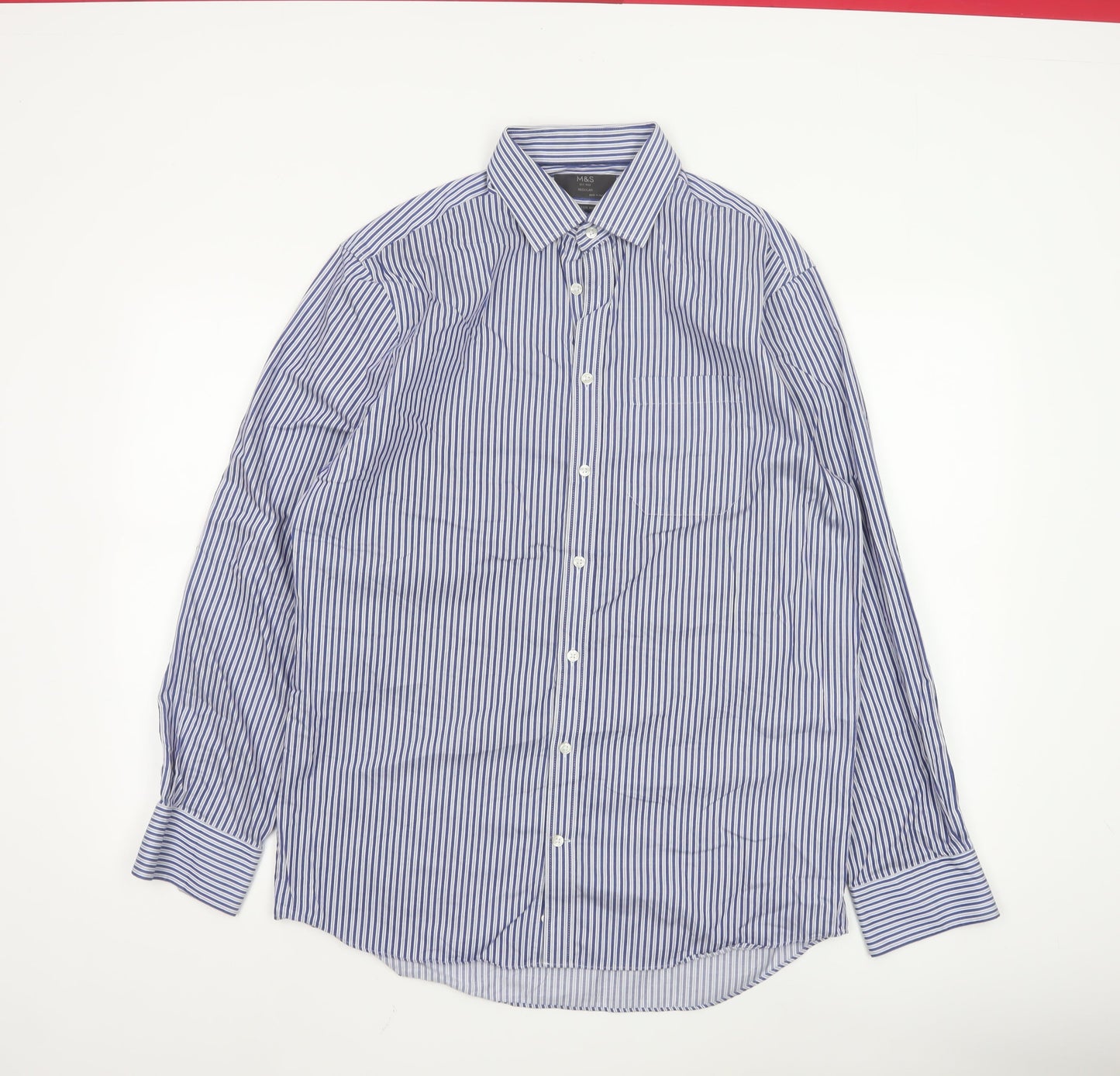 Marks and Spencer Men’s Blue Striped 15.5in Regular Fit Cotton Shirt