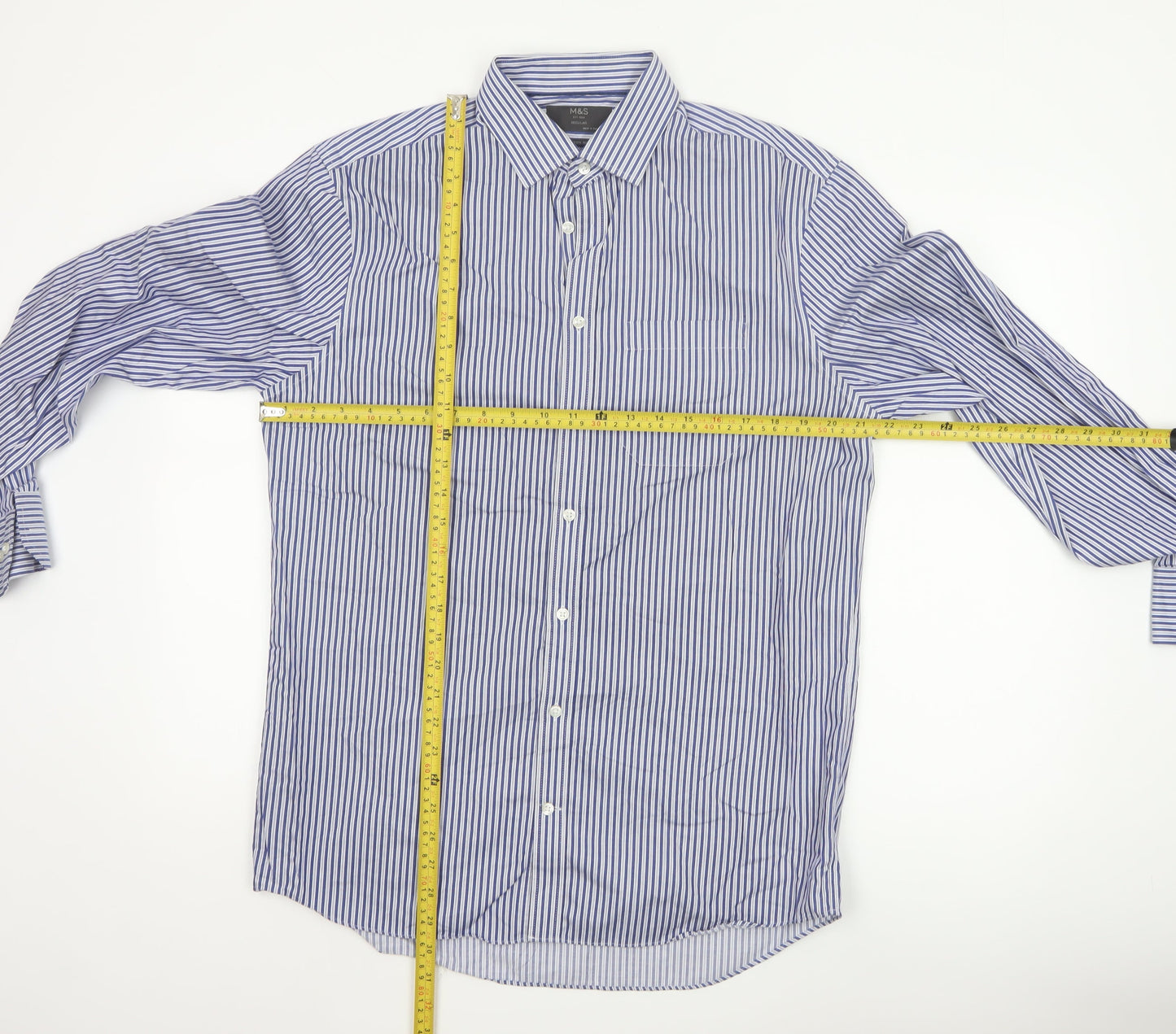 Marks and Spencer Men’s Blue Striped 15.5in Regular Fit Cotton Shirt
