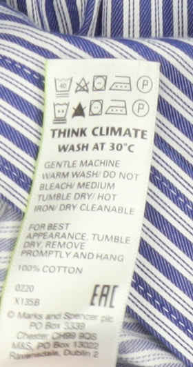 Marks and Spencer Men’s Blue Striped 15.5in Regular Fit Cotton Shirt