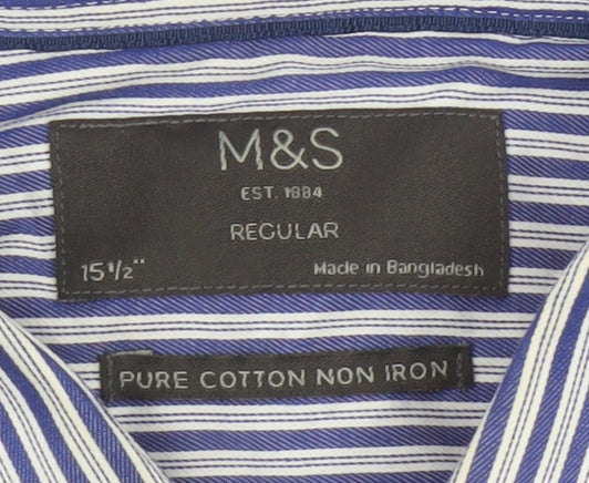 Marks and Spencer Men’s Blue Striped 15.5in Regular Fit Cotton Shirt