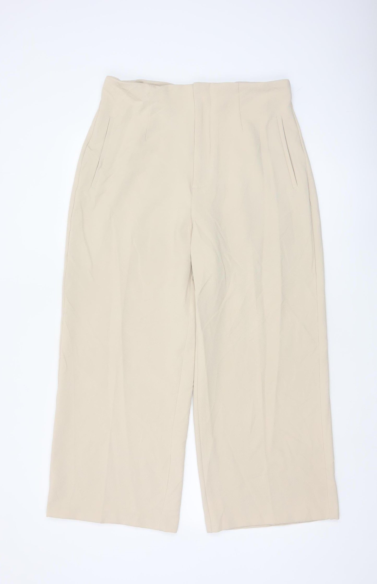 Zara Women Beige Wide-Leg Ankle Trousers XL Elegant Office Style