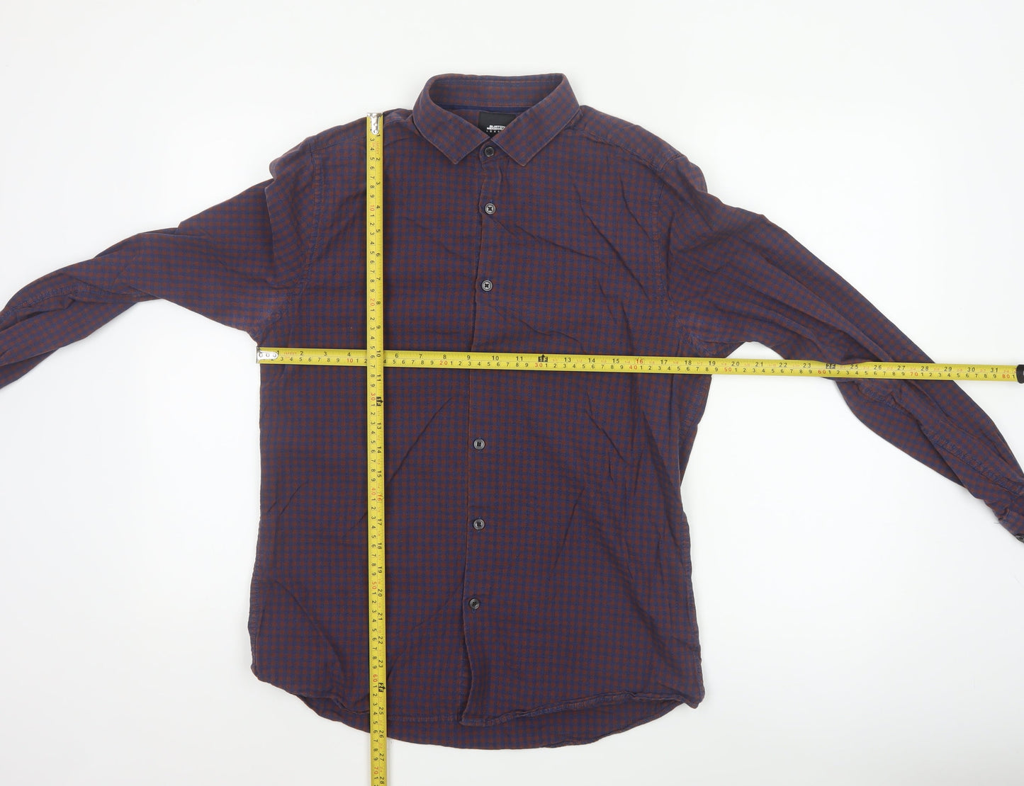 Burton Menswear London Men's Blue and Brown Check Long Sleeve Button-Up Shirt Size M