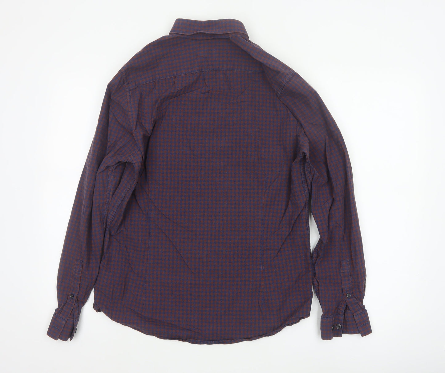 Burton Menswear London Men's Blue and Brown Check Long Sleeve Button-Up Shirt Size M