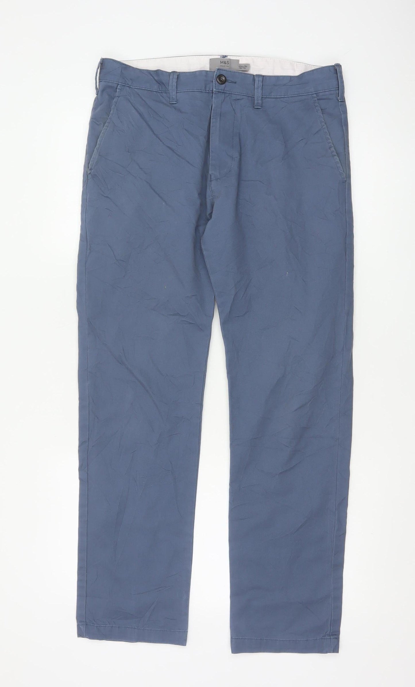 Marks and Spencer Men's Blue Chino Trousers 32W 31L Straight Fit
