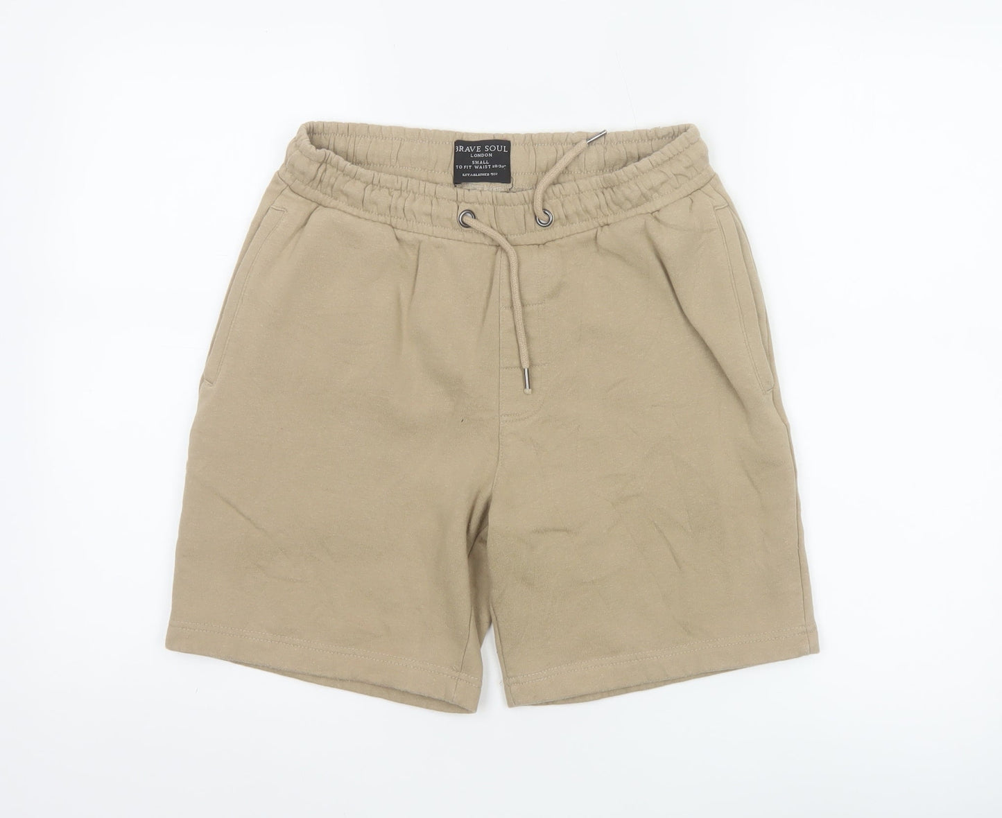 Brave Soul Men Beige Sweat Shorts S Elastic Waist Casual