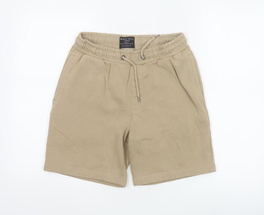 Brave Soul Men Beige Sweat Shorts S Elastic Waist Casual