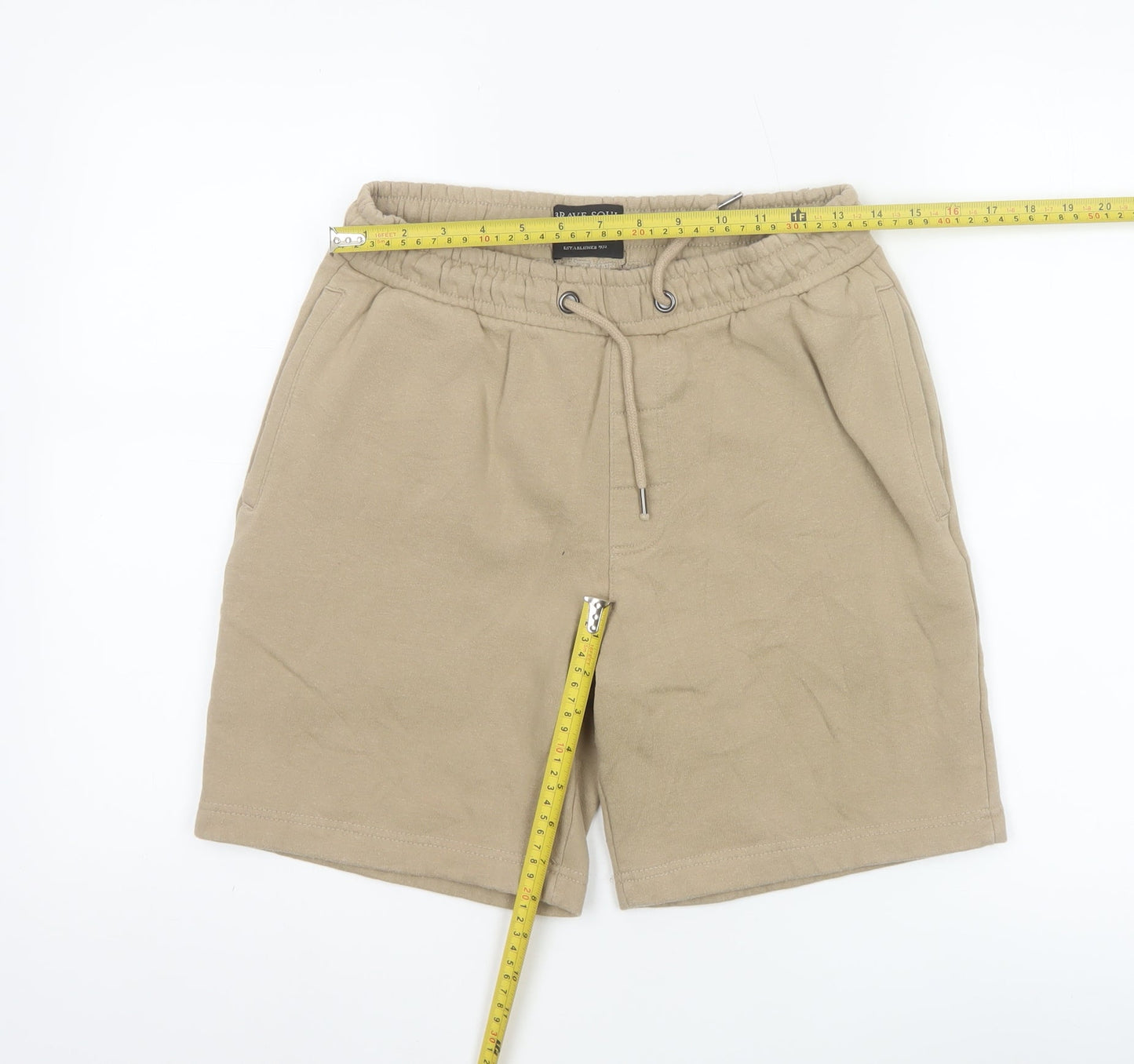 Brave Soul Men Beige Sweat Shorts S Elastic Waist Casual