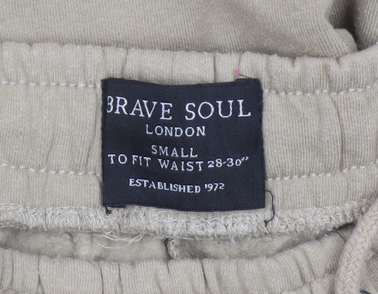Brave Soul Men Beige Sweat Shorts S Elastic Waist Casual