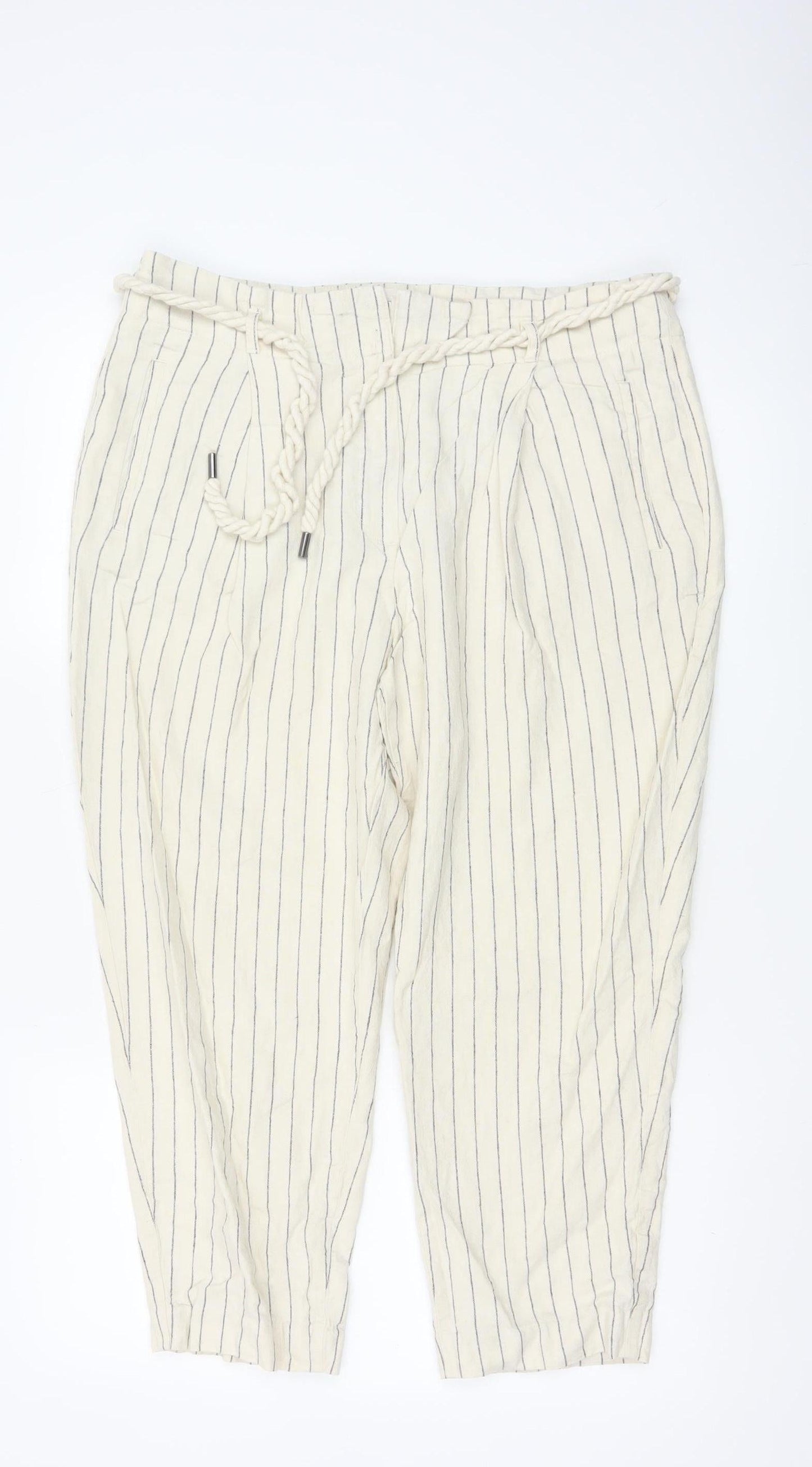 Marks and Spencer Women’s Beige Striped Linen Paperbag Trousers Size 16