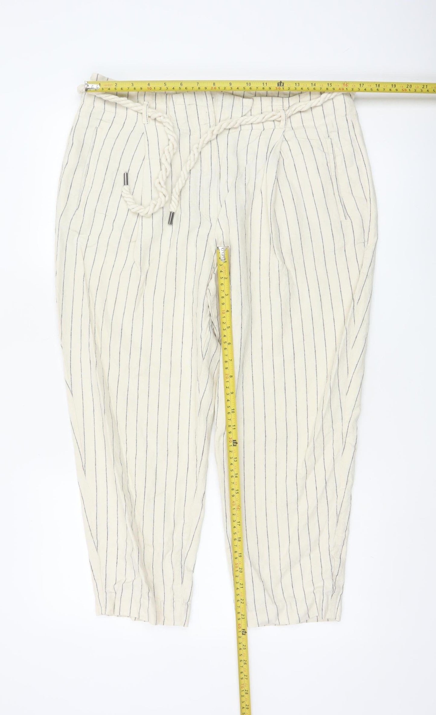 Marks and Spencer Women’s Beige Striped Linen Paperbag Trousers Size 16