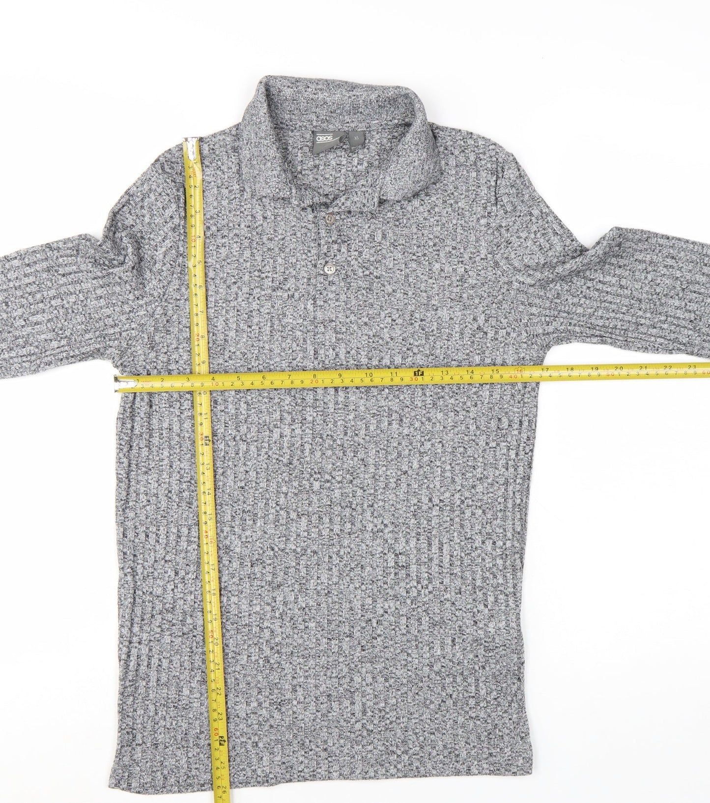 ASOS Men's Grey Long Sleeve Ribbed Polo Shirt XS Classic Fit