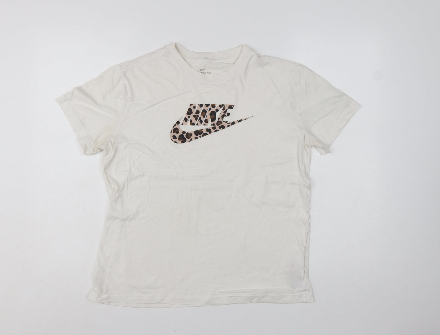 Nike Girls White Leopard Print Logo T-Shirt XL Loose Fit Sports Top