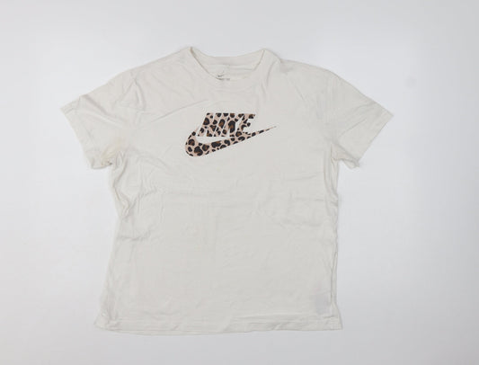 Nike Girls White Leopard Print Logo T-Shirt XL Loose Fit Sports Top