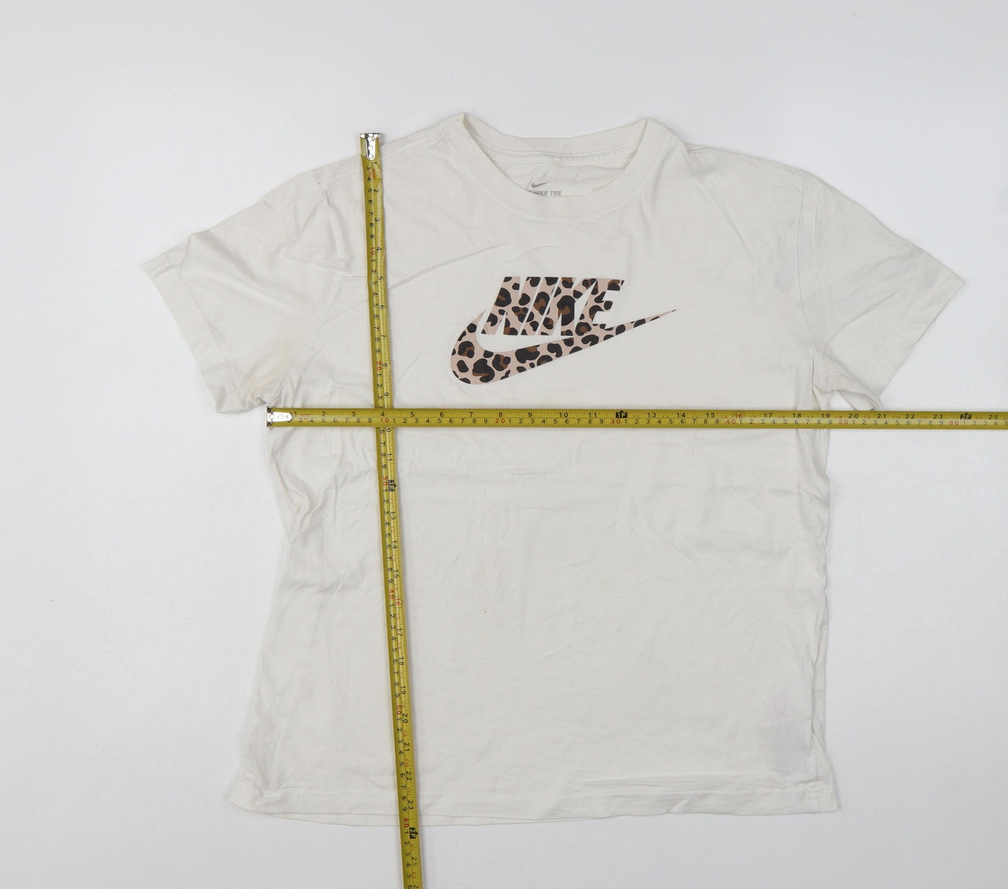 Nike Girls White Leopard Print Logo T-Shirt XL Loose Fit Sports Top