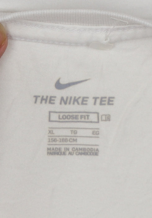 Nike Girls White Leopard Print Logo T-Shirt XL Loose Fit Sports Top