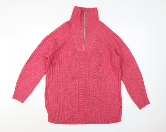 Marks and Spencer Women Pink Cable-Knit Half Zip Jumper Size M