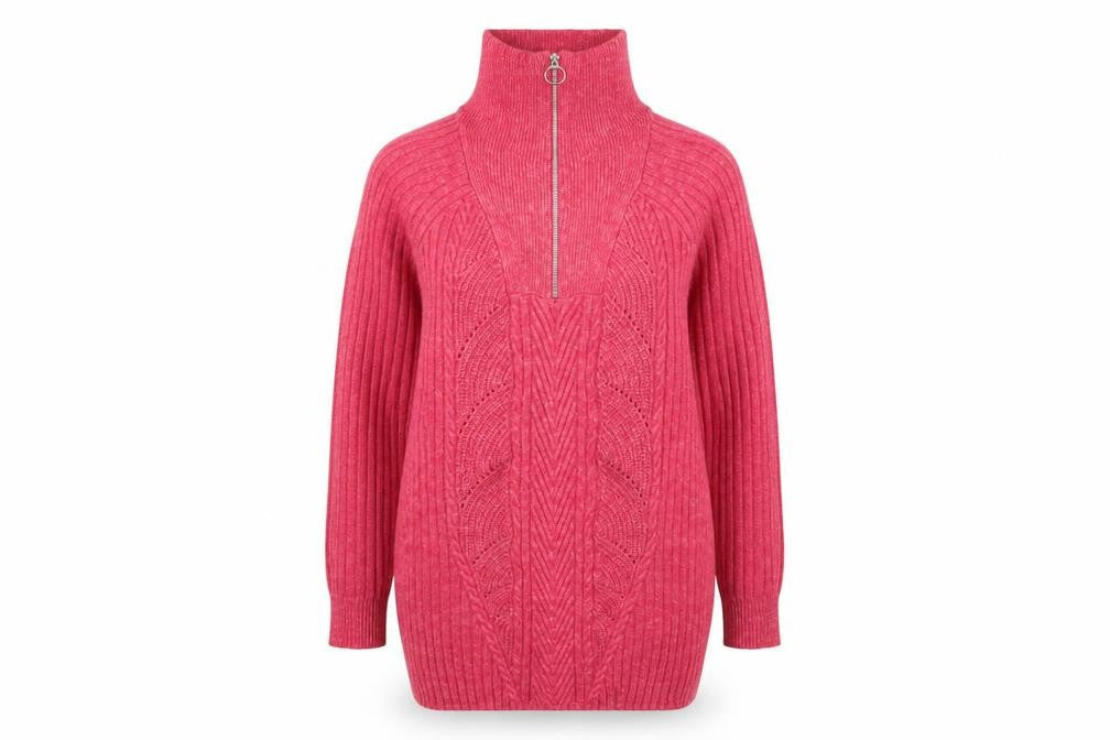 Marks & Spencer Women Pink Cable-Knit Half Zip Jumper Size M