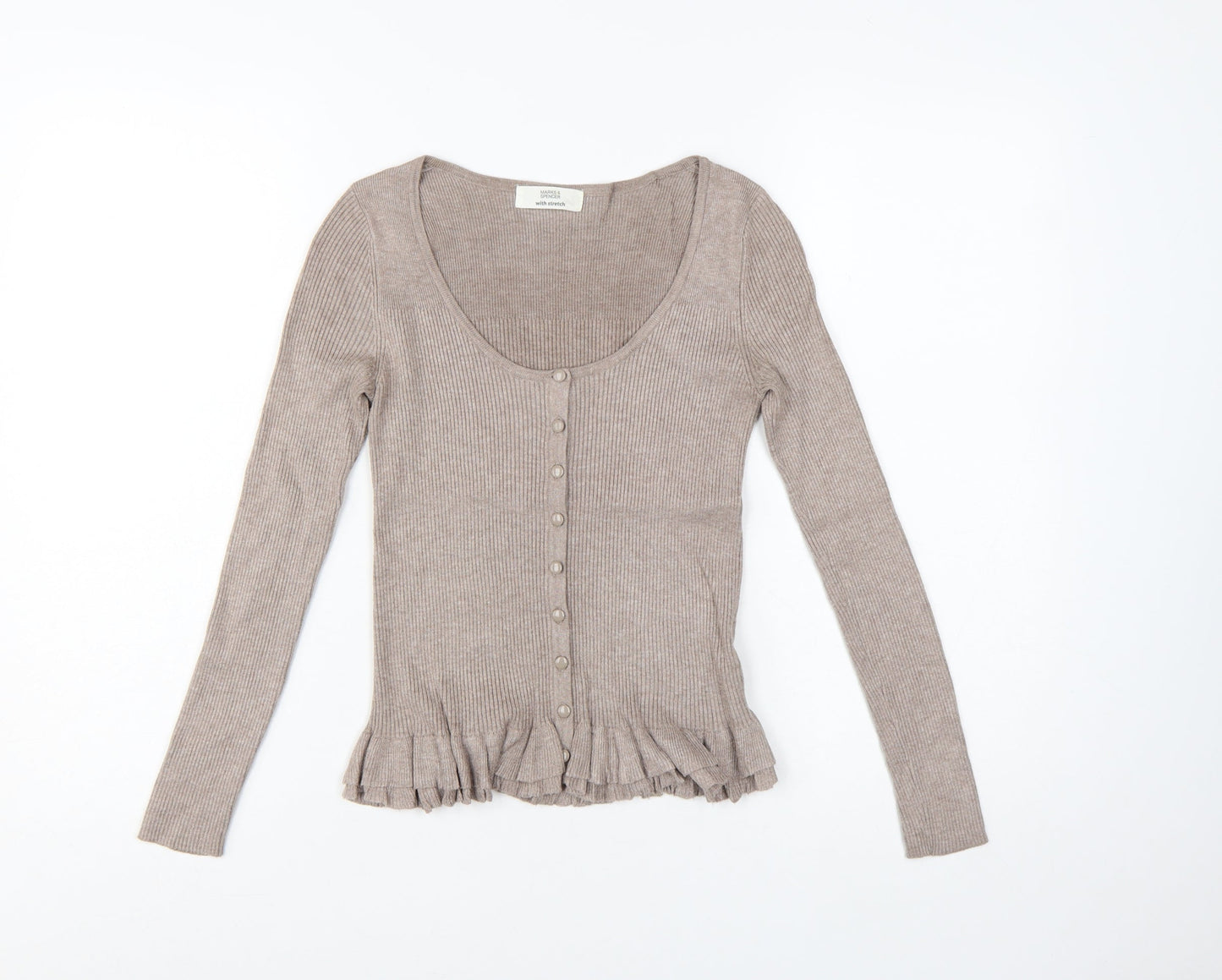 Marks and Spencer Women Beige Size 8 Slim Knit Ruffle Cardigan