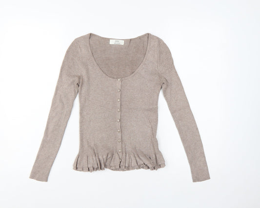 Marks and Spencer Women Beige Size 8 Slim Knit Ruffle Cardigan
