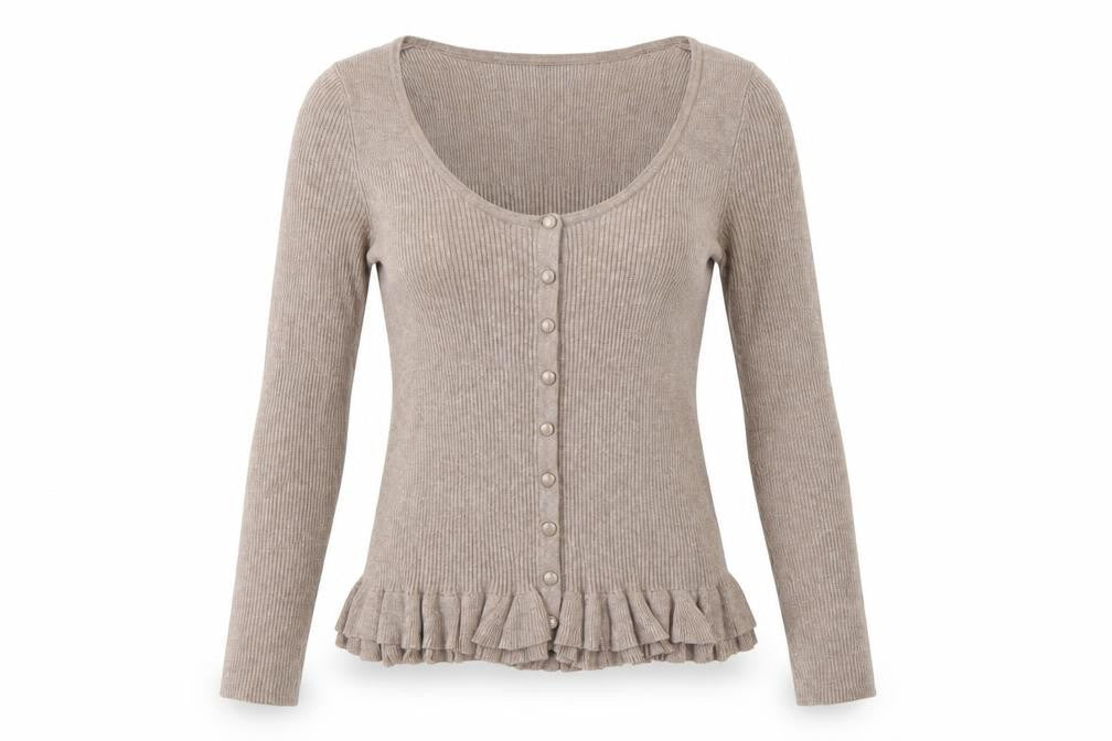 Marks & Spencer Women Beige Size 8 Slim Knit Ruffle Cardigan