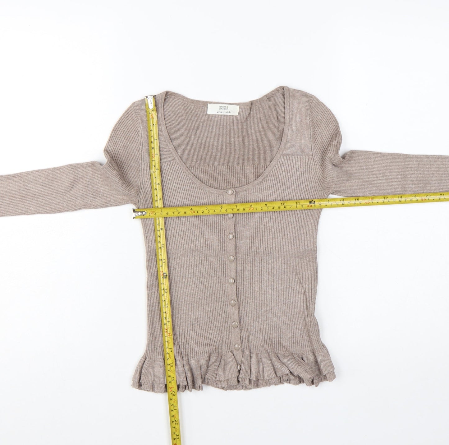 Marks and Spencer Women Beige Size 8 Slim Knit Ruffle Cardigan
