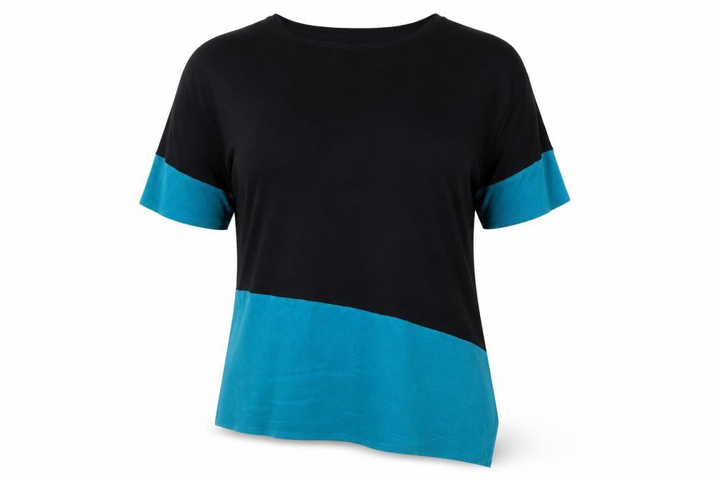 Sympli Women's Black Blue Asymmetrical Colourblock Jersey Top Size 18