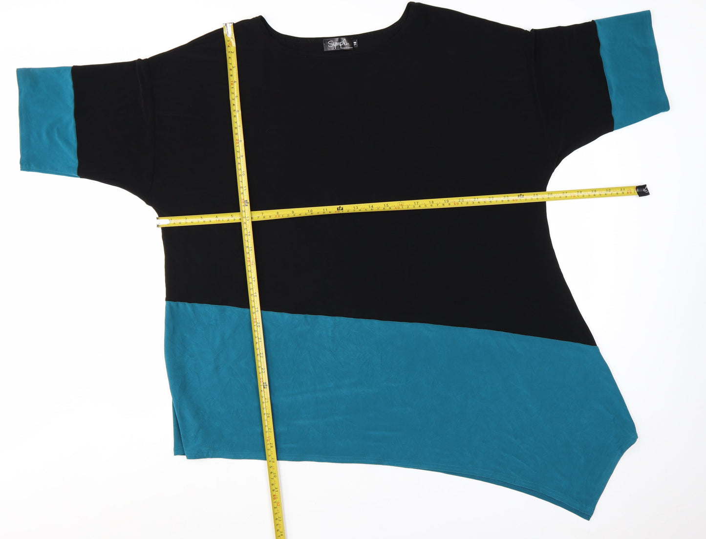 Sympli Women's Black Blue Asymmetrical Colourblock Jersey Top Size 18