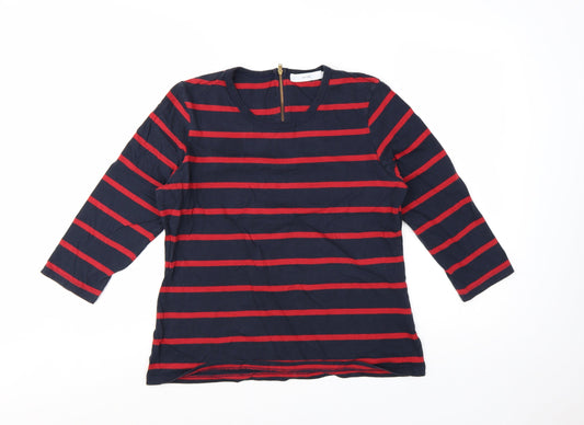 John Lewis Women's Blue Red Striped Cotton 3/4 Sleeve Top Size 16