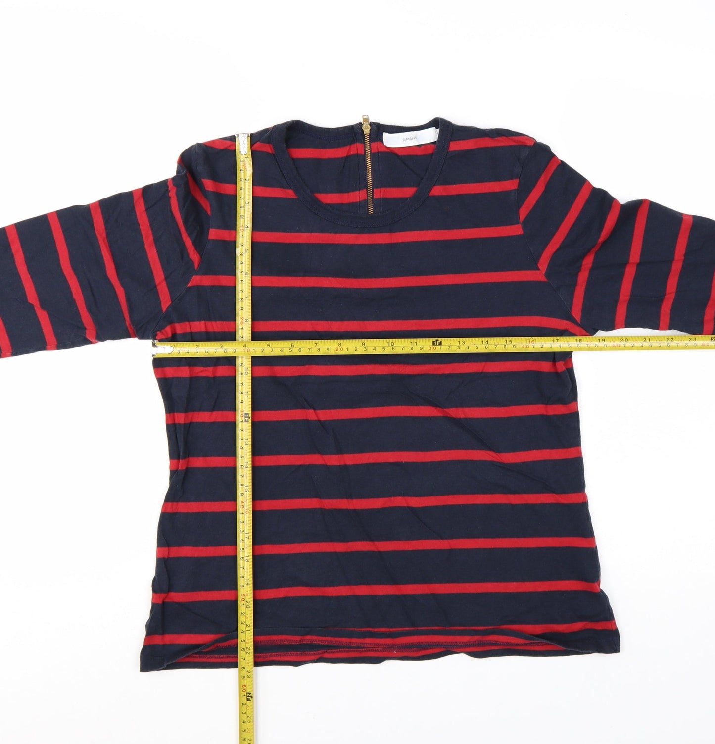 John Lewis Women's Blue Red Striped Cotton 3/4 Sleeve Top Size 16
