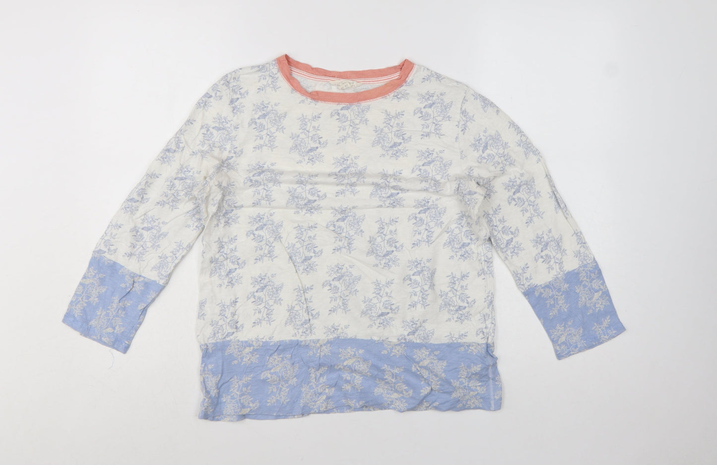 White Stuff Women Ivory Floral 3/4 Sleeve Cotton T-Shirt UK 10