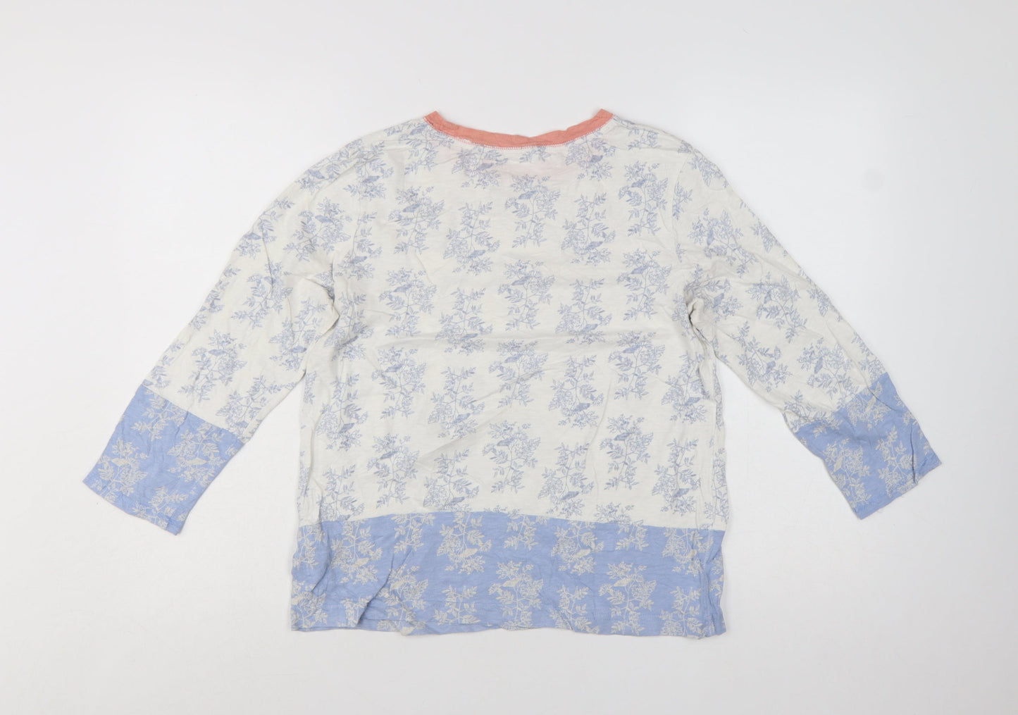 White Stuff Women Ivory Floral 3/4 Sleeve Cotton T-Shirt UK 10
